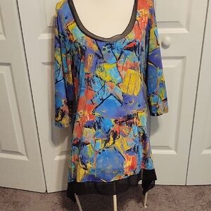Blue and Yellow Asymmetrical Graphic Tunic with 3/4 Sleeves
